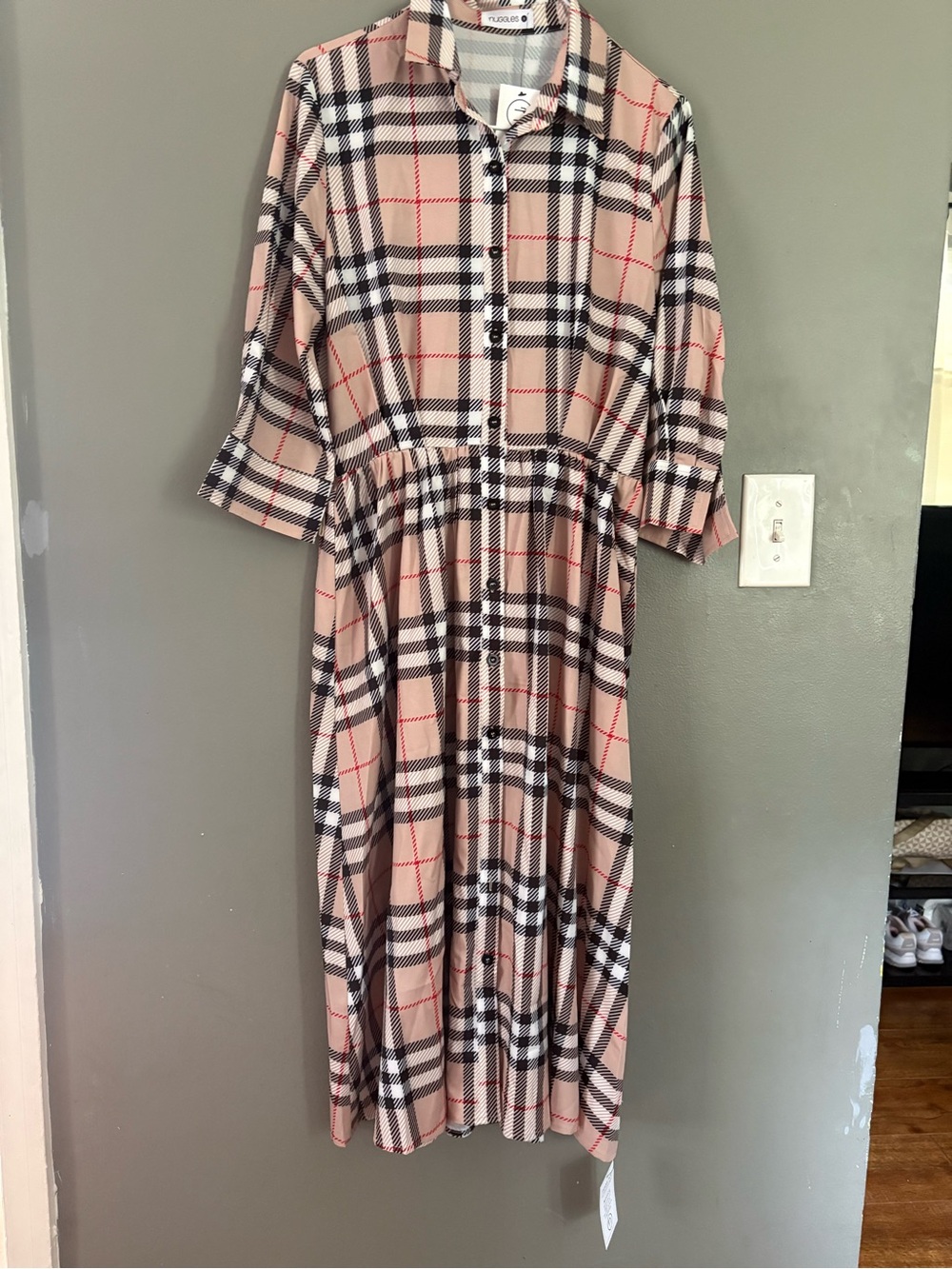 Plaid Midi Shirt Dress with Gathered Waist - Beige